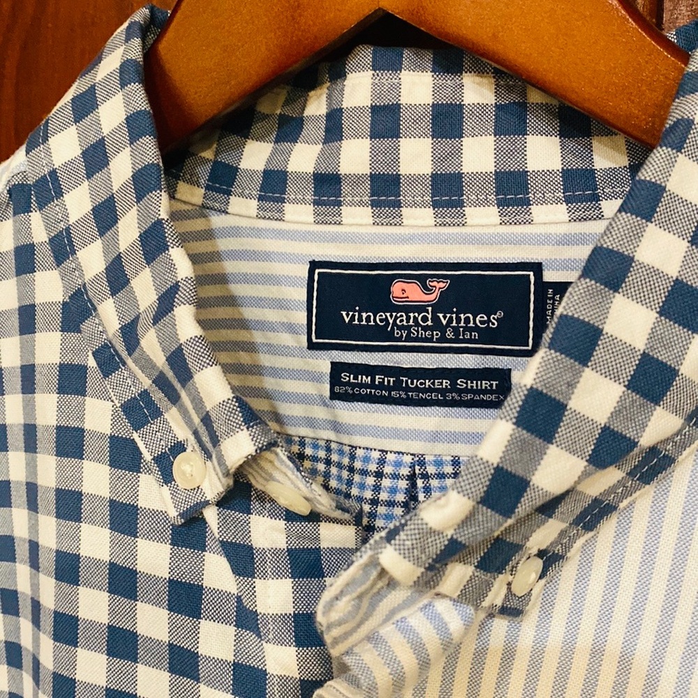 🐳 NWOT Vineyard Vines Slim Fit Tucker Button Down Blue Plaid Stripe Shirt L - Picture 7 of 10